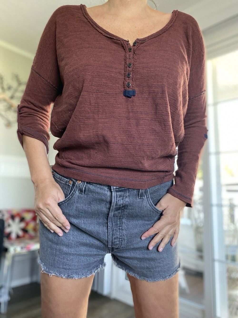 FREE PEOPLE BEACH HAVEN RUSTY RED HENLEY TEE TOP Cotton Blend lightweight S P